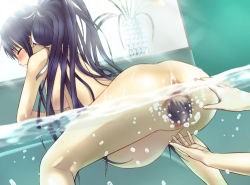 Rule 34 | 1girl, ass, giving birth, black hair, blush, breasts, censored, clenched teeth, closed eyes, dutch angle, from behind, kanzaki kaori, labor, legs, long hair, myu-po, nude, pain, ponytail, pregnant, pussy, teeth, toaru majutsu no index, underwater