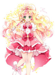 Rule 34 | 1girl, :d, ayumaru (art of life), blonde hair, blush, bow, brooch, character name, cure flora, earrings, flower, flower earrings, flower necklace, full body, gloves, go! princess precure, green eyes, haruno haruka, highres, jewelry, long hair, magical girl, multicolored hair, necklace, open mouth, pink bow, pink hair, pink skirt, precure, puffy sleeves, shoes, simple background, skirt, smile, solo, streaked hair, two-tone hair, waist bow, wand, white footwear, white gloves