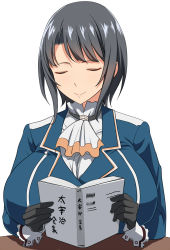 Rule 34 | 10s, 1girl, black gloves, black hair, blouse, book, breasts, desk, closed eyes, gloves, highres, huge breasts, kantai collection, kloah, military, military uniform, open book, reading, shirt, short hair, sitting, smile, solo, takao (kancolle), uniform, white shirt