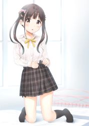 Rule 34 | 1girl, bashosho, black socks, blurry, blurry background, blush, brown eyes, brown hair, brown skirt, candy hair ornament, candy wrapper, collared shirt, commentary request, depth of field, dress shirt, fingernails, food-themed hair ornament, full body, hair ornament, head tilt, highres, idolmaster, idolmaster shiny colors, indoors, kneehighs, kneeling, long hair, long sleeves, looking at viewer, neck ribbon, no shoes, parted lips, plaid, plaid skirt, pleated skirt, ribbon, school uniform, shirt, skirt, sleeves past wrists, socks, solo, sonoda chiyoko, twintails, white shirt, window, yellow ribbon