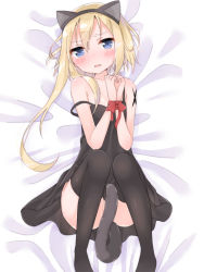 Rule 34 | 1girl, animal ears, bare arms, bare shoulders, bdsm, bed sheet, black dress, black thighhighs, blonde hair, blue eyes, blush, bondage, bound, bound wrists, breasts, cat ears, cat tail, collarbone, commentary request, dress, fake animal ears, hair between eyes, head tilt, highres, long hair, looking at viewer, lying, no panties, no shoes, on back, original, parted lips, sleeveless, sleeveless dress, small breasts, solo, strap slip, sweat, tail, tail censor, thighhighs, tia-chan, uchuuneko, very long hair
