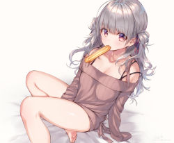 Rule 34 | 1girl, bare legs, between legs, breasts, cleavage, collarbone, eclair (food), food in mouth, hand between legs, long hair, looking at viewer, mouth hold, off-shoulder, off-shoulder sweater, off shoulder, original, purple eyes, sidelocks, silver hair, sitting, solo, spaghetti strap, strap slip, sushikuugo (suisen), sweater, thighs, two side up, wavy hair