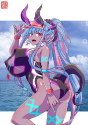 Rule 34 | 1girl, absurdres, aqua hair, aqua nails, ass, black one-piece swimsuit, body markings, breast cutout, breasts, cleavage cutout, clothing cutout, colored skin, fangs, fate/grand order, fate (series), grey skin, hat, highleg, highleg swimsuit, highres, horns, huge breasts, ibuki douji (fate), ibuki douji (swimsuit berserker) (fate), ibuki douji (swimsuit berserker) (first ascension) (fate), long hair, momohara rile, multicolored hair, nail polish, one-piece swimsuit, oni, oni horns, open mouth, pink hair, pink hat, pink one-piece swimsuit, pointy ears, red eyes, smile, solo, swimsuit, tail, two-tone hair, two-tone swimsuit, visor cap