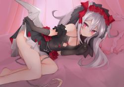 Rule 34 | 1girl, anchor, arm garter, ass, azur lane, bad id, bad pixiv id, bare legs, bare shoulders, barefoot, bed sheet, black dress, blush, bow, breasts, brown gloves, chain, closed mouth, clothes lift, commentary request, criss-cross halter, curtains, dress, dress lift, elbow gloves, flower, frilled pillow, frills, gloves, hair between eyes, hair bow, hair flower, hair ornament, halterneck, jewelry, lifted by self, long hair, looking at viewer, low wings, lying, mobu, on bed, on side, pillow, pink theme, pleated dress, red bow, red eyes, red flower, ring, rose, sidelocks, silver hair, sleeveless, sleeveless dress, small breasts, smile, solo, thighs, twintails, vampire (azur lane), vampire (eloi&#039;s blessing) (azur lane), veil, wedding band, wings