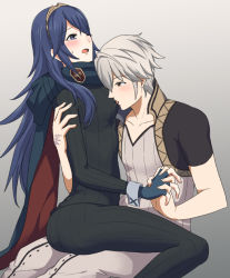Rule 34 | 1boy, 1girl, ameno (a meno0), bad id, bad pixiv id, black pants, blue cape, blue eyes, blue gloves, blue hair, blush, breasts, brown hair, brown hairband, cape, collarbone, couple, fingerless gloves, fire emblem, fire emblem awakening, girl on top, gloves, gradient background, grey background, hair between eyes, hairband, hand grab, holding hands, interlocked fingers, long hair, lucina (fire emblem), nintendo, open mouth, pants, robin (fire emblem), robin (male) (fire emblem), silver hair, small breasts, sweatdrop, tongue, tongue out, very long hair