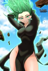 Rule 34 | 1girl, absurdres, alternate breast size, arms behind head, arms up, aura, bare legs, blue sky, breasts, collarbone, covered navel, curly hair, curvy, dress, floating, floating hair, green eyes, green hair, groin, hammerofsolace, highres, hip vent, large breasts, long sleeves, looking at viewer, no panties, one-punch man, pelvic curtain, short hair, sky, smile, tatsumaki, telekinesis, thick thighs, thighs, wide hips