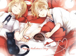 Rule 34 | 1boy, 1girl, blonde hair, brother and sister, cat, child, closed eyes, kagamine len, kagamine rin, siblings, twins, valentine, vocaloid