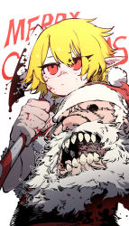 Rule 34 | 1girl, absurdres, axe, blonde hair, blood, blood on face, bloody weapon, candy, candy cane, christmas, closed mouth, commentary, decapitation, english commentary, fingernails, food, fur-trimmed headwear, fur trim, hat, highres, holding, holding axe, holding head, holding weapon, hollow eyes, jacket, jitome, medium hair, merry christmas, monster, original, pointy ears, red eyes, red hat, red jacket, santa claus, santa hat, sharp teeth, solo, ssambatea, teeth, weapon