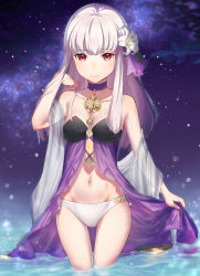 Rule 34 | 1girl, adapted costume, closed mouth, fire emblem, fire emblem: three houses, flower, hair flower, hair ornament, haru (nakajou-28), highres, long hair, lysithea von ordelia, night, night sky, nintendo, outdoors, pink eyes, sky, solo, star (sky), swimsuit, wading, water, white hair