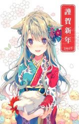 Rule 34 | 1girl, 2017, animal, animal ears, bird, blonde hair, blue kimono, blush, camellia, cherry blossoms, chick, chicken, chinese zodiac, floral background, flower, hair flower, hair ornament, happy new year, holding, holding animal, japanese clothes, kimono, leaf print, long hair, multicolored clothes, multicolored kimono, nengajou, new year, obi, open mouth, original, red eyes, red flower, red kimono, reia, rooster, sash, solo, year of the rooster