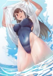 Rule 34 | 1girl, absurdres, black one-piece swimsuit, blue sky, brown hair, character request, cloud, commentary, competition swimsuit, covered navel, cowboy shot, day, from below, highleg, highleg swimsuit, highres, last origin, long hair, looking at viewer, one-piece swimsuit, outdoors, sleipnir (last origin), red eyes, sky, soaking feet, solo, swimsuit, tank top, upshirt, wading, water, wet, wet clothes, wweed
