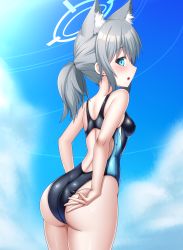 Rule 34 | 1girl, absurdres, adjusting clothes, adjusting swimsuit, animal ear fluff, animal ears, ass, black one-piece swimsuit, blue archive, blue eyes, blue sky, cloud, commentary request, competition swimsuit, contrail, cowboy shot, cross hair ornament, entenca, extra ears, from behind, grey hair, hair ornament, halo, highres, looking at viewer, medium hair, mismatched pupils, multicolored clothes, multicolored swimsuit, one-piece swimsuit, shiroko (blue archive), shiroko (swimsuit) (blue archive), sky, solo, swimsuit
