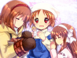 Rule 34 | 3girls, aged down, aged up, angel, angel wings, blue overalls, blush, brown gloves, brown hair, child, chinese commentary, closed eyes, closed mouth, coat, commentary request, eyelashes, food, girl sandwich, gloves, hair between eyes, hair ribbon, hairband, halo, hug, kanon, lliissaawwuu2, long hair, looking at object, lying, medium hair, mittens, multiple girls, multiple persona, on back, on side, open mouth, overalls, parted bangs, pink skirt, red eyes, red hairband, ribbon, sandwiched, shirt, short hair, simple background, skirt, smile, spoilers, straight hair, taiyaki, tsukimiya ayu, wagashi, white background, white hairband, white headwear, white ribbon, wings, yellow coat, yellow shirt