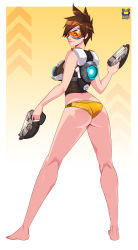 Rule 34 | 1girl, absurdres, artist name, ass, bare shoulders, barefoot, bikini, bikini bottom only, breasts, brown eyes, brown hair, chest harness, closed mouth, clothes writing, dual wielding, ear piercing, finger on trigger, freckles, from behind, full body, goggles, gun, handgun, harness, highres, holding, holding gun, holding weapon, kyoffie, legs apart, lips, long legs, looking at viewer, looking back, overwatch, overwatch 1, piercing, pink lips, shirt, short hair, sleeveless, sleeveless shirt, smile, solo, spiked hair, standing, strap, swept bangs, swimsuit, thong, tracer (overwatch), weapon, yellow bikini
