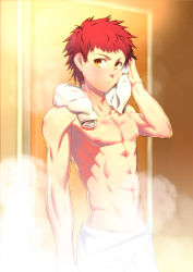Rule 34 | 1boy, abs, absurdres, emiya shirou, fate/stay night, fate (series), highres, lvlv, male focus, muscular, onsen, red hair, solo, sweat, towel, towel around neck, yellow eyes