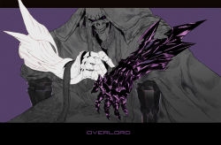 Rule 34 | 1boy, ainz ooal gown, artist request, collar, english text, gauntlets, hood, male focus, monochrome, overlord (maruyama), purple background, purple eyes, robe, sitting, skeleton, solo, undead