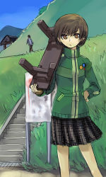 Rule 34 | 1girl, atlus, bench, brown eyes, brown hair, female focus, jacket, lapel pin, michael f91, nature, outdoors, persona, persona 4, plant, satonaka chie, short hair, skirt, sky, solo, stairs, standing, track jacket