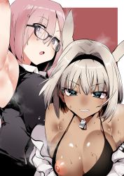 Rule 34 | 2girls, absurdres, armpits, bikini, black headband, breast slip, breasts, caenis (fate), cleavage, dark-skinned female, dark skin, fate/grand order, fate (series), glasses, green eyes, headband, highres, jacket, jewelry, kobo (cobo 0609), looking at viewer, mash kyrielight, multiple girls, necklace, nipple slip, nipples, open clothes, open jacket, open mouth, pink hair, purple eyes, short hair, silver hair, simple background, sleeveless, sweat, swimsuit, white jacket