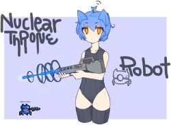 Rule 34 | 1girl, :&lt;, ahoge, alternate costume, animal ears, bad id, bad pixiv id, black one-piece swimsuit, black school swimsuit, black thighhighs, blue hair, blush, character name, collarbone, copyright name, cropped legs, gun, hair between eyes, holding, holding weapon, k.blank, looking at viewer, nuclear throne, one-piece swimsuit, orange eyes, outside border, personification, rifle, robot (nuclear throne), school swimsuit, short hair, solo, swimsuit, thighhighs, weapon