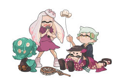 Rule 34 | + +, 4girls, aged down, balloon, belt, black footwear, black hair, black kimono, black shirt, black shorts, blunt bangs, blush stickers, brown eyes, butterfly net, callie (splatoon), cephalopod eyes, closed eyes, closed mouth, colored skin, commentary, crown, dress, english commentary, fang, fangs, gomipomi, green eyes, green skin, grey hair, hand net, holding, holding microphone, inkling, japanese clothes, kimono, loafers, long hair, lying, marie (splatoon), marina (splatoon), mask, medium dress, medium hair, microphone, mole, mole under eye, mole under mouth, multiple girls, music, nintendo, octoling, on lap, on stomach, open mouth, pearl (splatoon), pink pupils, pointy ears, purple dress, purple kimono, sandals, shirt, shoes, short eyebrows, short hair, short sleeves, shorts, simple background, singing, sitting, smile, standing, suction cups, tentacle hair, tilted headwear, utility belt, white background, white footwear, white hair, white headwear