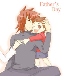 Rule 34 | 00s, 2boys, :d, age difference, aged down, alternate costume, blush, brown eyes, brown hair, child, family, father and son, hair over one eye, hand on head, happy, hug, kratos aurion, lloyd irving, male focus, mikan (pixiv1817678), multiple boys, one eye closed, open mouth, red eyes, red hair, shorts, simple background, smile, socks, spiked hair, tales of (series), tales of symphonia, text focus, wink