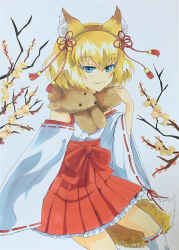 Rule 34 | 1girl, alternate costume, animal ears, blonde hair, blue eyes, branch, closed mouth, commentary request, detached sleeves, fake animal ears, fake tail, fox ears, fox tail, frilled skirt, frills, fur collar, girls und panzer, hair ornament, hakama, hakama skirt, half-closed eyes, highres, invisible chair, japanese clothes, katyusha (girls und panzer), kimono, kneehighs, looking at viewer, miniskirt, nontraditional miko, partial commentary, pleated skirt, red skirt, ribbon-trimmed legwear, ribbon-trimmed sleeves, ribbon trim, sawamaru30, short hair, sitting, skirt, sleeveless, sleeveless kimono, smile, socks, solo, stuffed fox, tail, traditional media, white kimono, white sleeves, white socks, wide sleeves