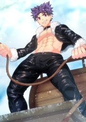 Rule 34 | 1boy, abs, black choker, black jacket, black pants, bulge, camp buddy, choker, cloud, day, facial scar, falling, fur-trimmed jacket, fur trim, highres, holding, holding sled, jacket, looking at viewer, male focus, male pubic hair, mikkoukun, navel, nipples, open clothes, open jacket, outdoors, pants, pectorals, pubic hair, purple eyes, purple hair, scar, scar on cheek, scar on face, shiny clothes, short hair, sky, sled, smile, snow, snowing, solo, spiked hair, teeth, toned, toned male, yoichi yukimura