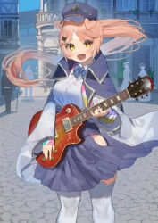 Rule 34 | 1girl, absurdres, animal ears, black hair, black skirt, blue bow, blue bowtie, blush, bow, bowtie, commission, electric guitar, fang, feet out of frame, floating hair, gibson les paul, grey thighhighs, guitar, highres, hip vent, holding, holding instrument, instrument, long hair, long sleeves, mashiro kta, open mouth, original, outdoors, pink hair, plant, pleated skirt, ponytail, potted plant, skeb commission, skirt, solo, standing, striped bow, striped bowtie, striped clothes, thighhighs, wide sleeves, yellow eyes