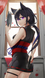 Rule 34 | 1girl, absurdres, animal ears, ass, bare shoulders, black hair, black kimono, blood, blood splatter, blue hair, curtains, fox ears, fox mask, from behind, gun, handgun, highres, holding, holding mask, holding weapon, ichinose uruha, indoors, japanese clothes, kimono, long hair, looking at viewer, looking back, low ponytail, mask, miko, multicolored hair, obi, official alternate costume, parted lips, purple eyes, ribbon-trimmed clothes, ribbon trim, sash, shioneko (0202), short kimono, sleeveless, sleeveless kimono, solo, streaked hair, thigh strap, thighs, virtual youtuber, vspo!, weapon, window
