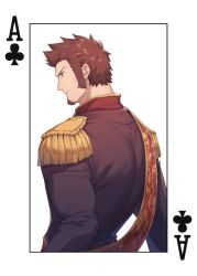 Rule 34 | 00047, 1boy, ace (playing card), ace of clubs, back, bara, blue eyes, brown hair, club (shape), epaulettes, facial hair, fate/grand order, fate (series), from side, frown, goatee, long sideburns, looking to the side, male focus, mature male, military, military uniform, muscular, muscular male, napoleon bonaparte (fate), playing card, poker, sash, short hair, shoulder sash, sideburns, solo, uniform, upper body