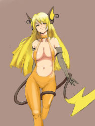 Rule 34 | 1girl, animal ears, bad id, bad pixiv id, blonde hair, breasts, brown eyes, center opening, cleavage, creatures (company), elbow gloves, game freak, gen 1 pokemon, gloves, large breasts, long hair, nintendo, personification, pokemon, raichu, sketch, smirk, solo, suspenders, tail, xinjing