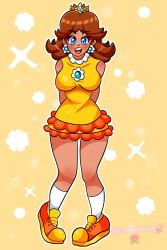 Rule 34 | 1girl, arms behind back, blue eyes, blush, breasts, brown hair, crown, earrings, flower earrings, full body, grin, highres, jewelry, legs, looking at viewer, mario (series), mario golf, mario golf: world tour, nintendo, open mouth, orange skirt, princess daisy, shoes, skirt, smile, standing, tomboy
