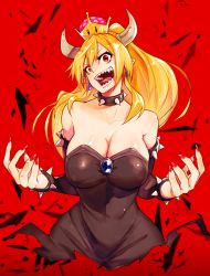 Rule 34 | 1girl, armlet, bare shoulders, black dress, blonde hair, bowsette, bracelet, breasts, cleavage, collar, crown, detached sleeves, dress, earrings, highres, horns, jewelry, large breasts, long hair, long sleeves, looking at viewer, mario (series), nail polish, new super mario bros. u deluxe, nintendo, open mouth, red background, red eyes, red nails, sharp teeth, solo, spiked armlet, spiked bracelet, spiked collar, spikes, strapless, strapless dress, super crown, teeth, tongue, tsuyoshi takaki