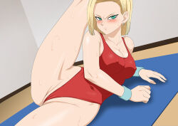 Rule 34 | 1girl, android 18, blonde hair, blush, bob cut, breasts, cameltoe, cleavage, cleft of venus, covered erect nipples, covered navel, dragon ball, dragonball z, earrings, embarrassed, exercising, female focus, green eyes, highres, indoors, jewelry, large breasts, leg lift, leg up, legs, leotard, lime (purple haze), looking at viewer, lying, medium hair, partially visible vulva, pussy, red leotard, solo, sweat, thighs