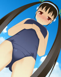 Rule 34 | 1girl, bakemonogatari, black hair, blush, cloud, day, dutch angle, flat chest, from below, frown, gaou (babel), hachikuji mayoi, hair ribbon, hairband, own hands clasped, long hair, looking down, monogatari (series), one-piece swimsuit, outdoors, own hands together, red eyes, ribbon, school swimsuit, sky, solo, swimsuit, twintails, very long hair