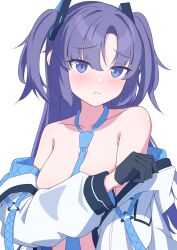 Rule 34 | 1girl, aot., bare shoulders, black gloves, blue archive, blue necktie, blush, breasts, closed mouth, covering breasts, covering privates, gloves, half gloves, highres, jacket, long hair, long sleeves, looking at viewer, necktie, open clothes, open jacket, purple eyes, purple hair, simple background, solo, two side up, upper body, white background, white jacket, yuuka (blue archive)