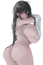 Rule 34 | 1girl, absurdres, ass, bare shoulders, bbolalus, bikini, black hair, blue eyes, blush, breasts, character request, closed mouth, copyright request, from behind, highres, huge breasts, long hair, looking at viewer, looking back, shirt, sideboob, simple background, swimsuit, underboob, white background, white bikini, white shirt