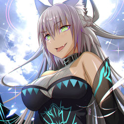 Rule 34 | 1girl, alcoholrang, animal ears, atalanta (fate), atalanta alter (fate), atalanta alter (first ascension) (fate), bare shoulders, blush, braid, breasts, bright pupils, cat ears, diamond-shaped pupils, diamond (shape), fate/apocrypha, fate (series), french braid, green eyes, grey hair, hair between eyes, halterneck, large breasts, long hair, photo background, raised eyebrow, see-through, single braid, sky, solo, sparkle, straight hair, symbol-shaped pupils, tongue, tongue out