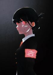 Rule 34 | 1girl, akahara (akaharaillust), anarchy symbol, bandaid, bandaid on face, black background, black jacket, bruise, bruise on face, collared shirt, copyright request, from side, glowing, glowing eyes, grey background, highres, injury, jacket, looking at viewer, necktie, parted lips, ponytail, red eyes, red necktie, scar, shirt, short hair, teeth, upper body, white shirt