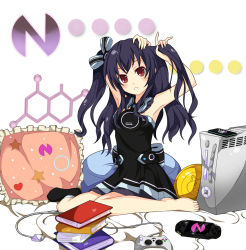 Rule 34 | 10s, 1girl, adjusting hair, armpits, arms up, bare shoulders, barefoot, black dress, black hair, blush, book, bow, choujigen game neptune mk2, dress, frilled pillow, frills, game console, hair ornament, handheld game console, head tilt, hexagon, highres, long hair, looking at viewer, neptune (series), open mouth, pillow, playstation portable, red eyes, simple background, sitting, sleeveless, sleeveless dress, solo, thighhighs, toes, tying hair, uni (neptunia), wariza, white background, xbox 360, yuzupie123