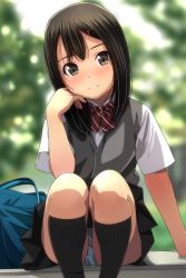 Rule 34 | 1girl, absurdres, bag, black hair, black skirt, black socks, blue panties, blurry, blurry background, blush, bow, brown bow, brown eyes, closed mouth, depth of field, diagonal stripes, feet out of frame, grey vest, hair ornament, hairclip, hand up, highres, kneehighs, knees up, long hair, looking at viewer, matsunaga kouyou, nose blush, original, panties, pleated skirt, ribbed legwear, school bag, school uniform, see-through, see-through silhouette, see-through sleeves, shirt, short sleeves, sitting, skirt, smile, socks, solo, striped, striped bow, underwear, vest, white shirt