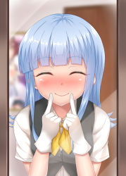 Rule 34 | 1girl, blue hair, blurry, commentary request, depth of field, dress shirt, gloves, grey vest, hatsukaze (kancolle), index fingers raised, kantai collection, looking at mirror, looking at viewer, mirror, neckerchief, piyobomu, reflection, shirt, smile, solo, upper body, vest, white gloves, white hair, white shirt, yellow neckerchief, yukikaze (kancolle)