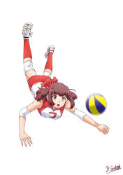 Rule 34 | 1girl, absurdres, artist name, ball, brown eyes, brown hair, commentary, diving, elbow pads, full body, girls und panzer, headband, highres, knee pads, kondou taeko, medium hair, motion blur, open mouth, outstretched arm, playing sports, red headband, red shirt, red shorts, red socks, satou yasu, shirt, shoes, short shorts, shorts, signature, simple background, single vertical stripe, sleeveless, sleeveless shirt, sneakers, socks, solo, sportswear, volleyball, volleyball (object), volleyball uniform, white background, white footwear