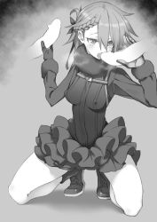 Rule 34 | 1girl, 2boys, ange (princess principal), blush, braid, breasts, covered erect nipples, fellatio, frilled skirt, frills, gloves, greyscale, group sex, kneeling, licking, licking penis, medium breasts, microskirt, mmf threesome, monochrome, multiple boys, oral, penis, princess principal, saikime, short hair, simple background, skirt, threesome, tongue, tongue out