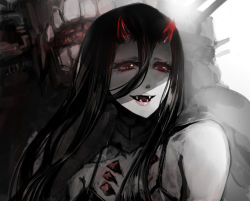 Rule 34 | 10s, 1girl, abyssal ship, bare shoulders, battleship princess, black dress, black hair, colored skin, dress, fangs, glowing, glowing eyes, horns, jariinu (gomasionori), kantai collection, lips, long hair, open mouth, red eyes, smile, solo, spikes, turret, white skin