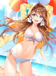 Rule 34 | 1girl, ancotaku, arms up, bikini, blue eyes, blue sky, breasts, brown hair, collarbone, commentary request, day, dutch angle, front-tie top, gluteal fold, hood, hooded jacket, innertube, jacket, long hair, looking at viewer, medium breasts, midriff, navel, ocean, open mouth, original, outdoors, side-tie bikini bottom, sky, solo, stomach, swim ring, swimsuit, thighs, tongue, white bikini, yellow jacket