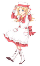 Rule 34 | 00s, 1girl, ashita no nadja, blonde hair, boots, brooch, full body, hat, heart, heart brooch, jewelry, knee boots, nadja applefield, parted bangs, pocket, porkpie hat, simple background, solo, usashiro mani, white background