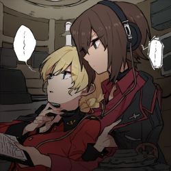 Rule 34 | 10s, 2girls, :o, black jacket, blonde hair, blue eyes, braid, breasts, brown eyes, brown hair, cleavage, closed mouth, collarbone, darjeeling (girls und panzer), emblem, girls und panzer, hair between eyes, headphones, holding, jacket, jacket on shoulders, leaning on person, military, military uniform, military vehicle, motor vehicle, multiple girls, nishizumi maho, red jacket, red shirt, ree (re-19), shirt, short hair, speech bubble, tank, twin braids, unbuttoned, uniform, yuri