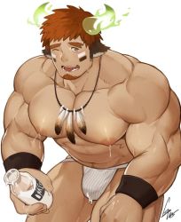 Rule 34 | 1boy, abs, animal ears, bara, brown hair, bulge, cow boy, cowboy shot, facial hair, fiery horns, forked eyebrows, glowing horns, goatee, gomtang, horns, jockstrap, large pectorals, male focus, male lactation, male underwear, manly, milk, muscular, navel, nipples, one eye closed, pectorals, short hair, solo, sportswear, thick eyebrows, tokyo houkago summoners, underwear, underwear only, w, wakan tanka, white background, white male underwear