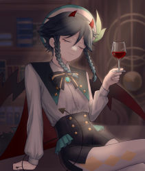 Rule 34 | 1boy, androgynous, argyle, argyle clothes, argyle legwear, beret, black hair, blue hair, blurry, blurry background, bookshelf, bow, braid, brooch, closed eyes, closed mouth, collared cape, collared shirt, commentary request, cup, demon horns, demon tail, demon wings, drinking glass, gem, genshin impact, gradient hair, green hat, hat, highres, holding, holding cup, horns, jewelry, leaf, long sleeves, male focus, monko (liangliang), multicolored hair, pantyhose, shirt, short hair with long locks, side braids, sidelocks, sitting, solo, sparkle, tail, twin braids, venti (genshin impact), white pantyhose, white shirt, wine glass, wings